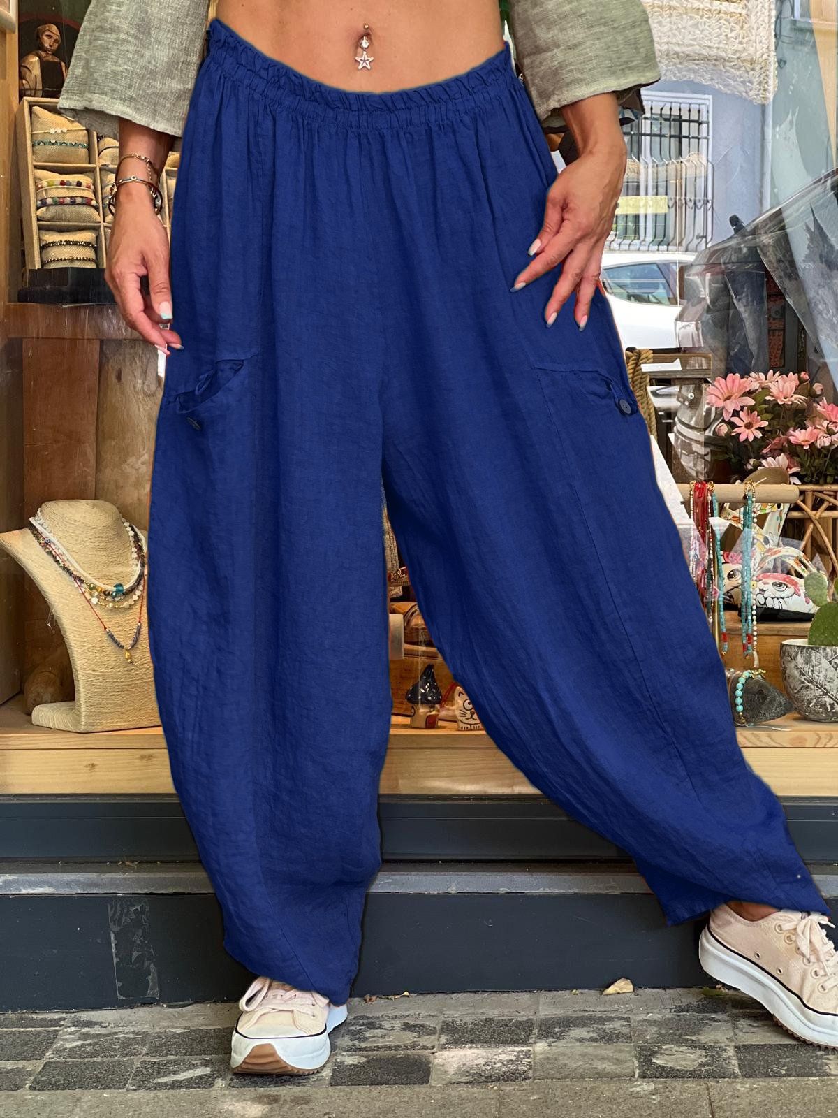 AutumnWinter Cotton-Linen Womens Long Solid-Color Pockets Loose Pants