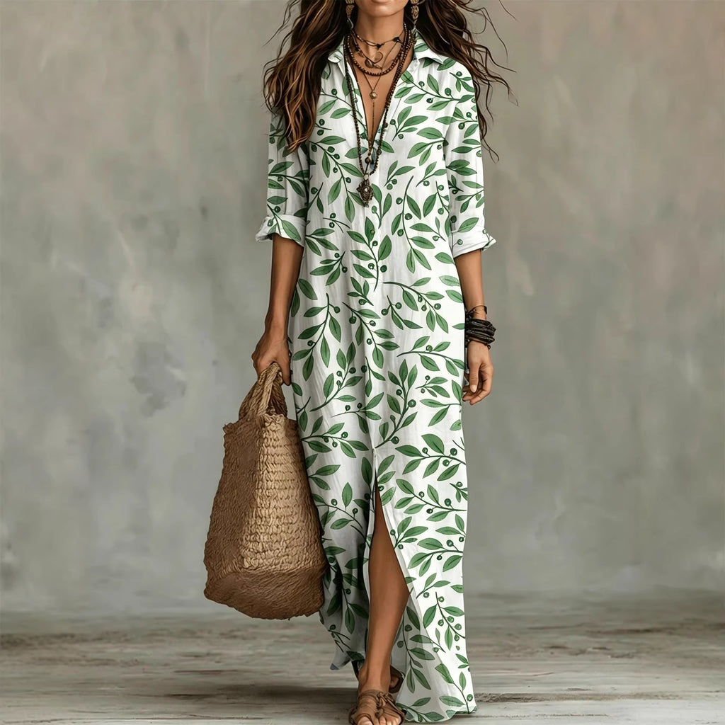 Casual Lapel-Neck Long Digital-Print Womens Shirt Dress
