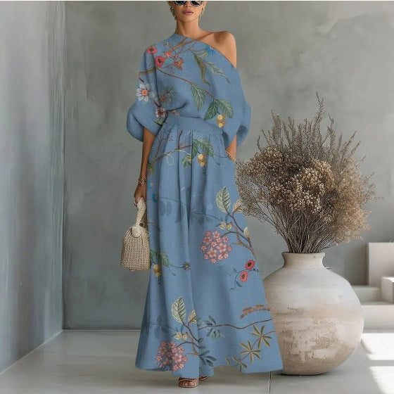 Printed Off-Shoulder Top And Pants Two-Piece Set