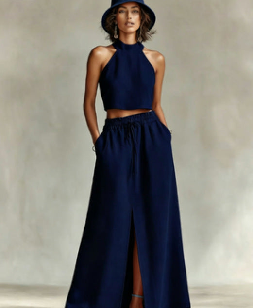 Neck-hanging Sleeveless Top High-waisted Split Wide-leg Long Skirt Two-piece Set