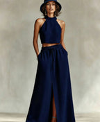 Neck-hanging Sleeveless Top High-waisted Split Wide-leg Long Skirt Two-piece Set