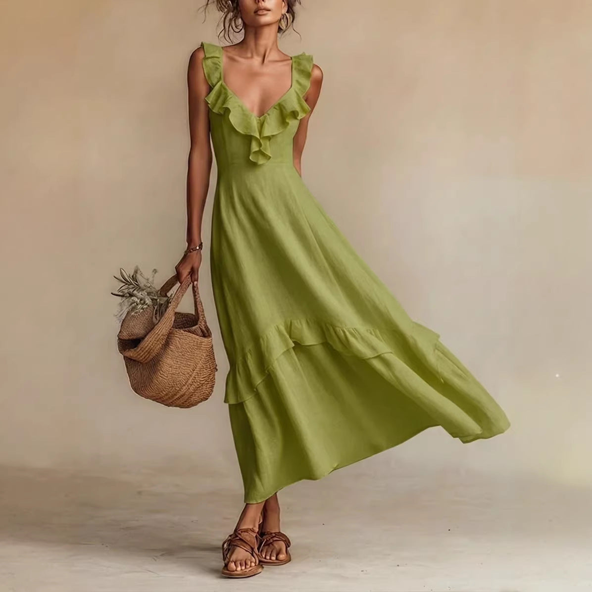 Elegant And Chic Cotton-Linen Dress With Ruffled Flutter Sleeves And A Flowing Hem