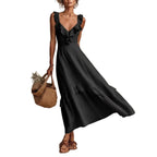 Elegant And Chic Cotton-Linen Dress With Ruffled Flutter Sleeves And A Flowing Hem