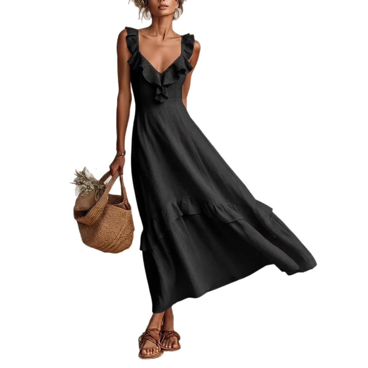 Elegant And Chic Cotton-Linen Dress With Ruffled Flutter Sleeves And A Flowing Hem