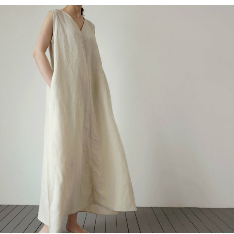 Simple, Versatile Solid-Color Plus-Size Mori Girl V-Neck Silk-Linen Tank Dress Long Skirt