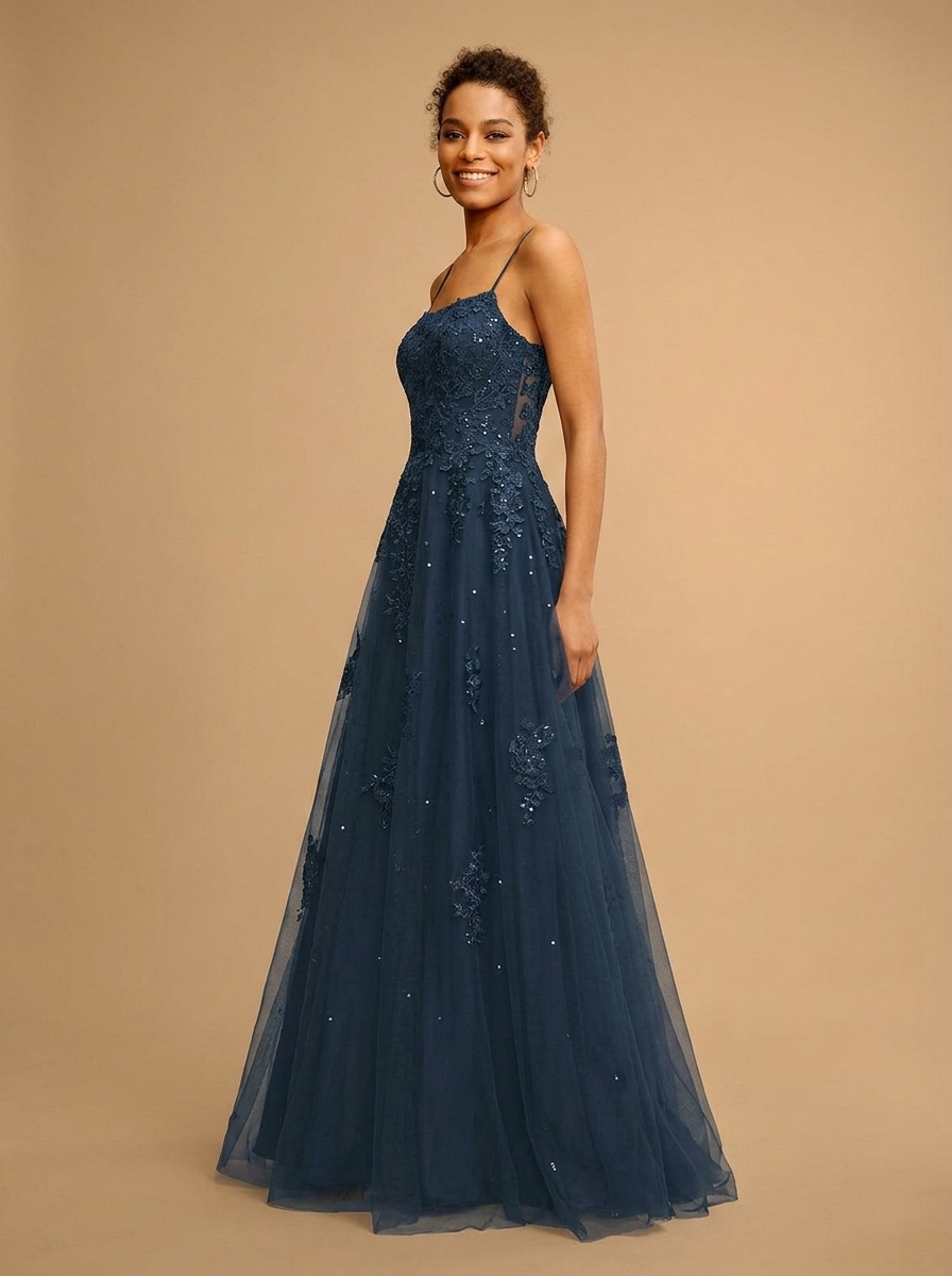 Square Spaghetti Straps Sequins Tulle Prom Dress