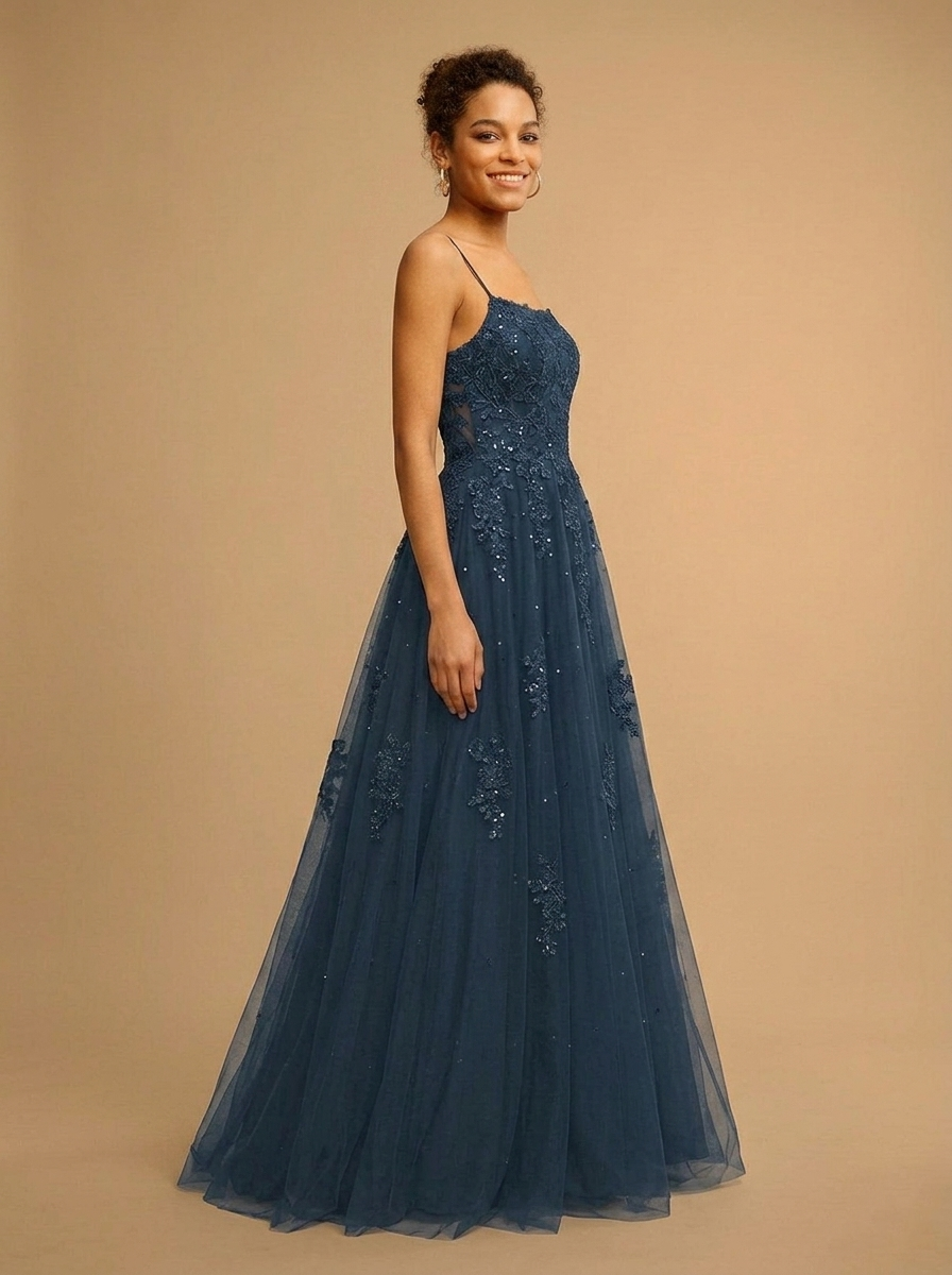 Square Spaghetti Straps Sequins Tulle Prom Dress